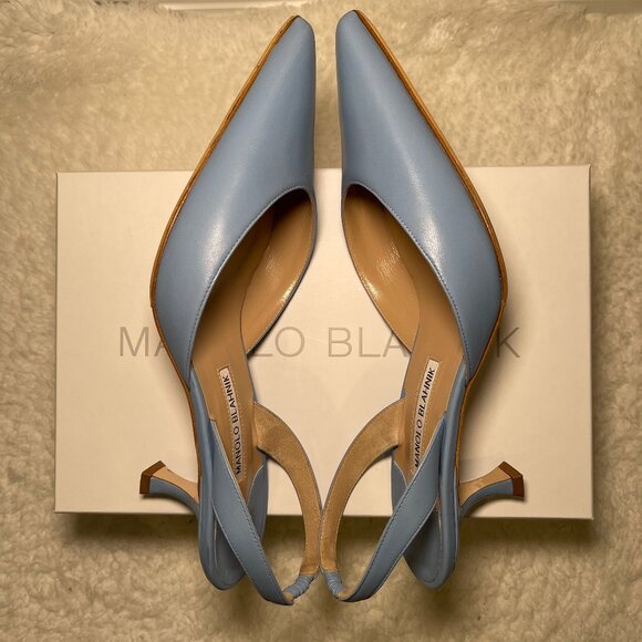 Manolo Blahnik Leather Slingback Kitten Heel in light blue, size 10.5B 40.5 - Picture 6 of 10